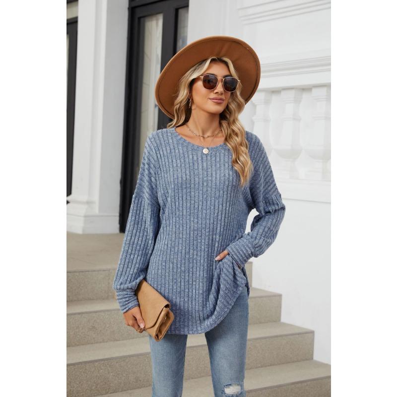 Herbst und Winter Damen Bluse Langarm Loose Rundhals Pit-Stripe Milled Tops