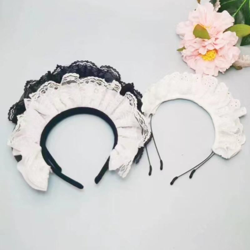 Women Pleated Lace Headbands Cosplay Maid Hairband Carnivals Halloween Headbands
