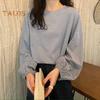 Women T-shirt Round Neck Lantern Long Sleeve Elastic Cuffs Tee Shirt Solid Color Loose Fit Pullover Tops Daily Wear