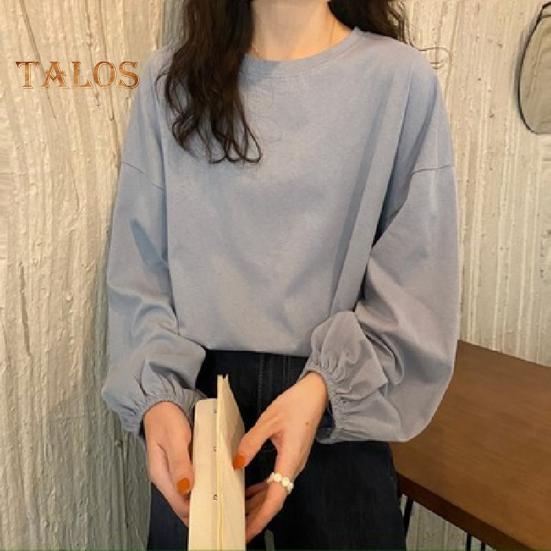 Women T-shirt Round Neck Lantern Long Sleeve Elastic Cuffs Tee Shirt Solid Color Loose Fit Pullover Tops Daily Wear
