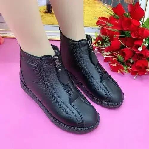 Warme Dameslaarzen Winter Dames Leren Schoenen Rits Enkel Dameslaarzen Ronde Neus Flats Pluche Sneeuw Enkellaarsjes Bottine Femme