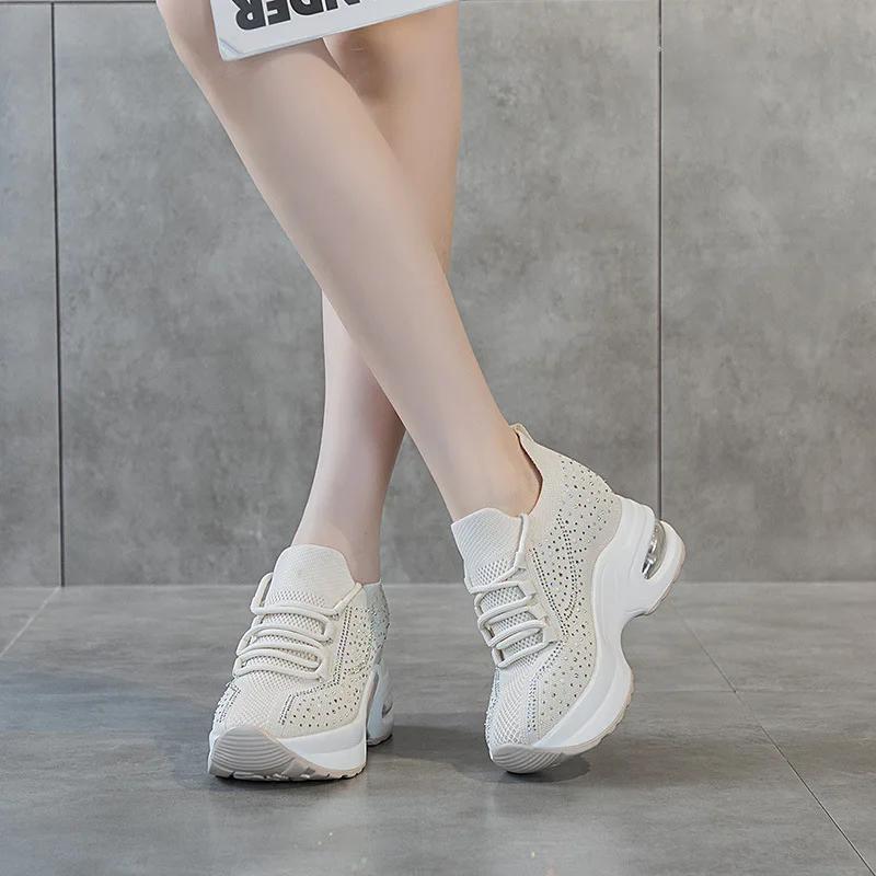 Fashion 8CM Summer Air Mesh Microfiber Vulcanize Chunky Sneaker Lace Up Women Ladies Shoes Spring Fashion Leather Flats Platform Wedge