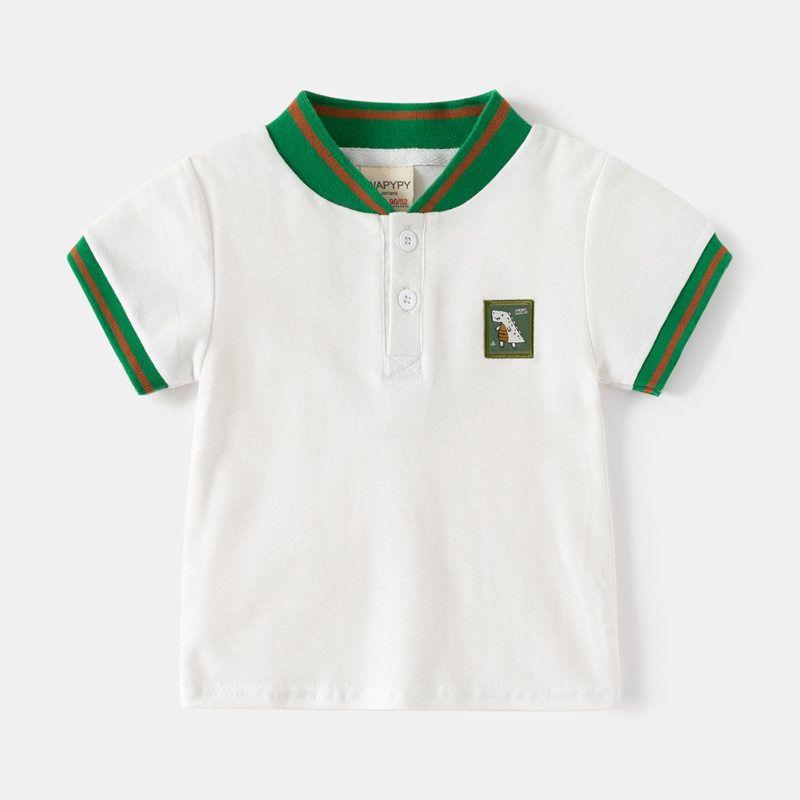 Kids Short Sleeve T-shirt Clothes Summer K-style Boy Dinosaur Embroidered V-neck Polo Shirt Baby Boy Color Matching Top