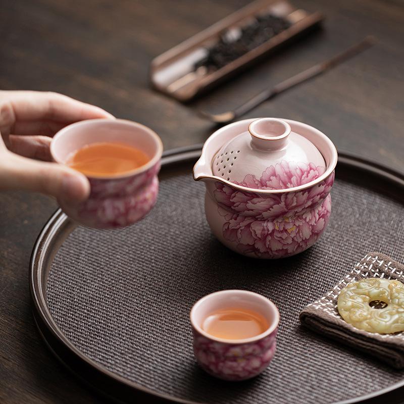 Handmade Pink Ru Kiln Tea Set Portable Ceramic Kung Fu Teacup Teapot Teaware Outdoor Travel Teaset Accessories Decoration Gift