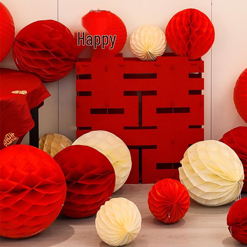 Wedding Double Happiness Garland & Lantern Set with Honeycomb Ball Columns for Background Decor
