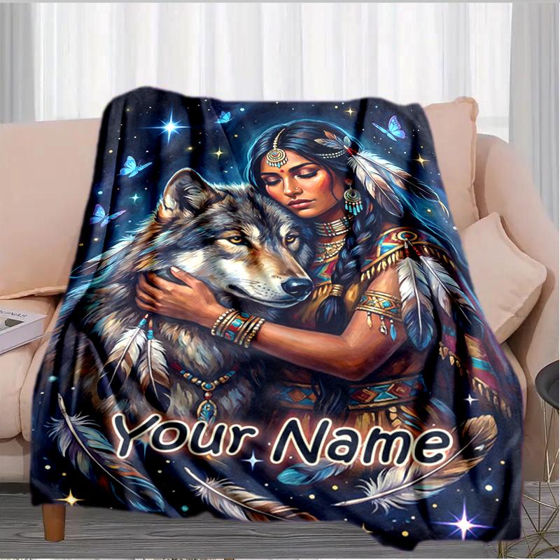1PC Custom Name Wolf Spirit Connection Flannel Blanket Versatile,all-season Throw Suitable for the Living Room,bedroom,camping,travel,and Gift