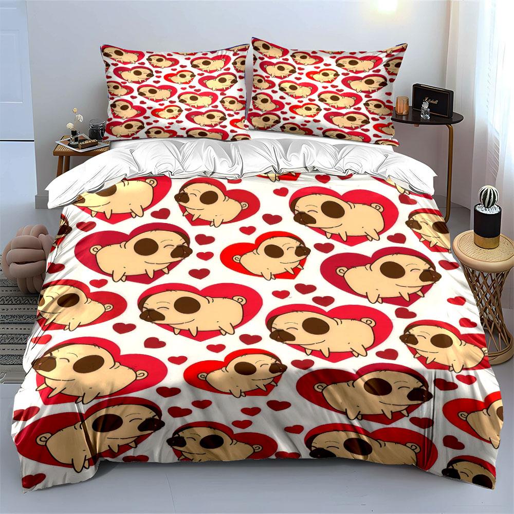 "Cartoon Pug Love Three-Piece Set" Bedding Set with 1 Duvet Cover 2 Pillowcases Single Double King Queen, Gift