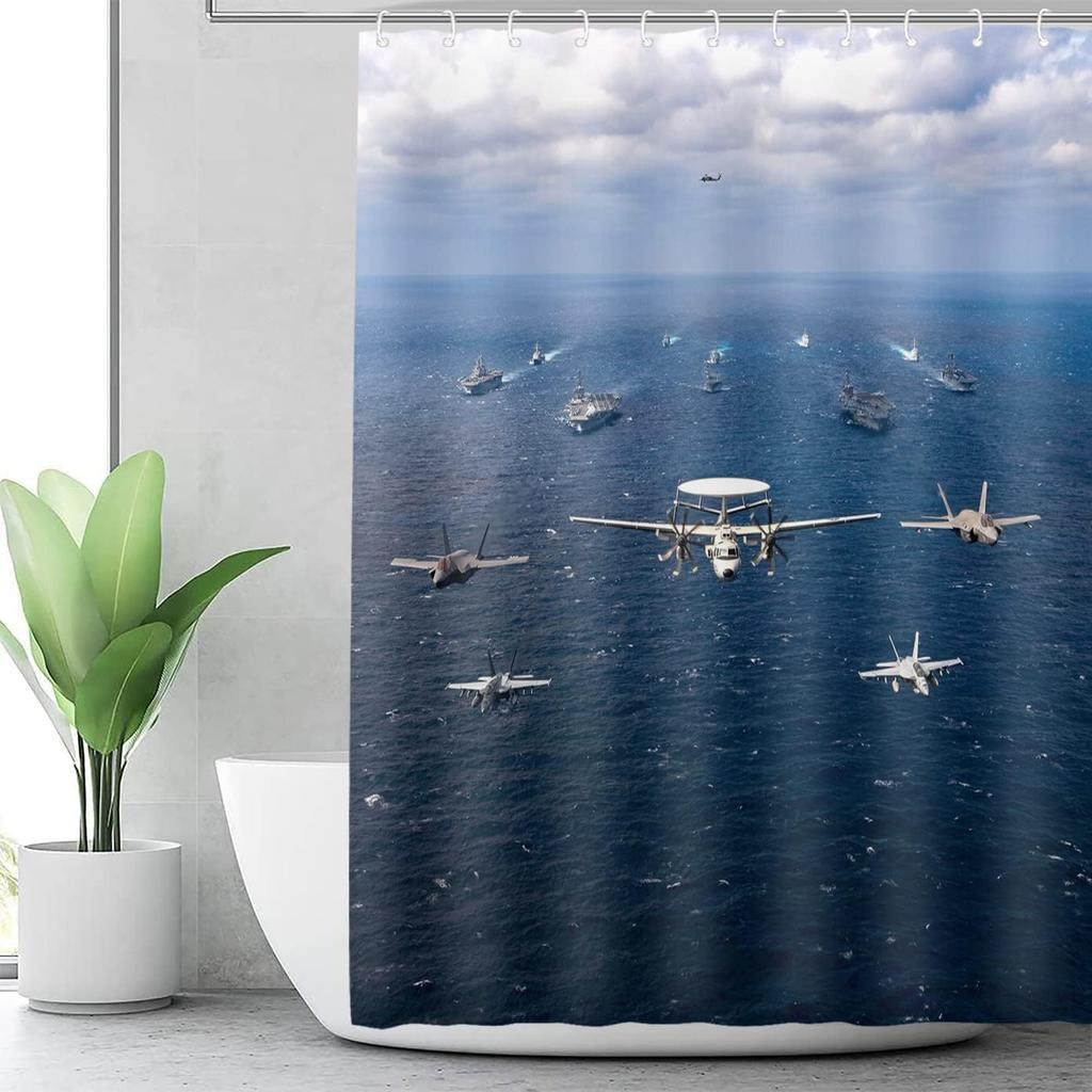 Warcraft Deck Jet Fighter Shower Curtain for Military Fans Bathroom,Warship Plane Coast Fabric Shower Curtains 72x72inch,Durable and Washable with 12