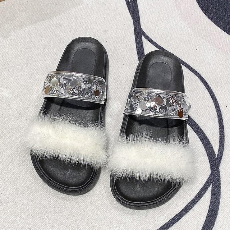 

Fashion Women s Flat Sandals Summer New Round Head Plush Glitter Broadband Soft Sole Anti-slip Wear-resistant One-half Drag 41 белый