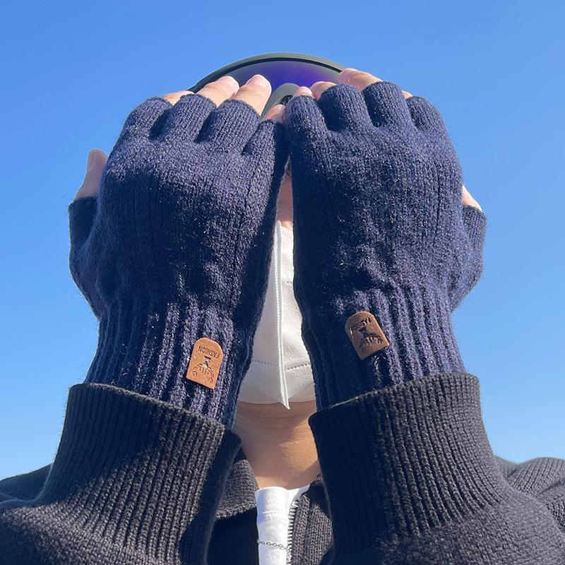 Warm Half Finger Gloves Men Exposed Fingers In Winter Half Fingerless Cycling and Driving Thick Wool Knitted Fingers To Prevent Cold