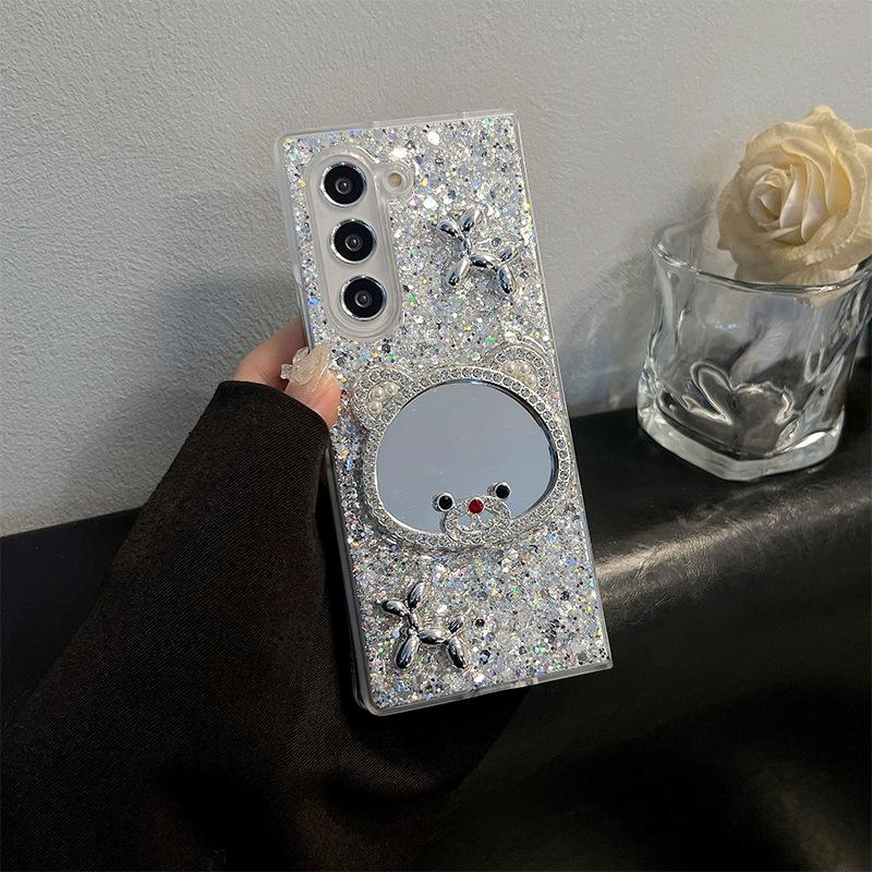 Rhinestone Love Bear Mirror Mobile Phone Case For Samsung Zflip6 Clamshell Folding Screen Zfold5 Sequin Female
