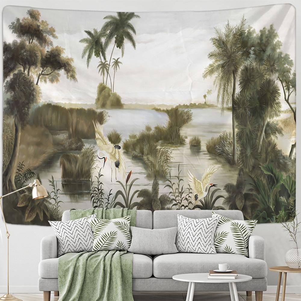 Grön Papegoja Tapestry Havssida Skog Växter Vägghängning Hippie Tapiz Konst Estetik Sovsal Väggdekor