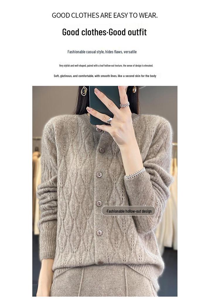 2023 Women's Retro Loose Round Neck Hollow Pure Wool Cardigan Sweater Knit - Early Autumn