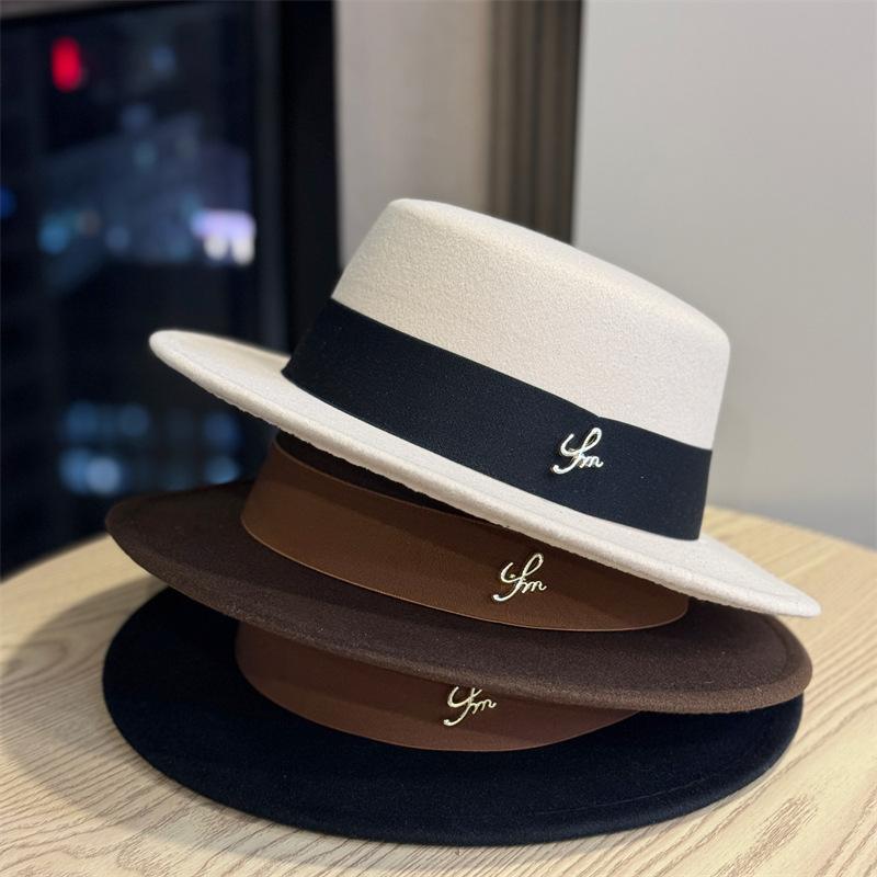 New Classic Flat Top Woolen Top Hat Female Autumn and Winter Socialite Style Bucket Hat British Fashion Versatile Felt Hat Trend