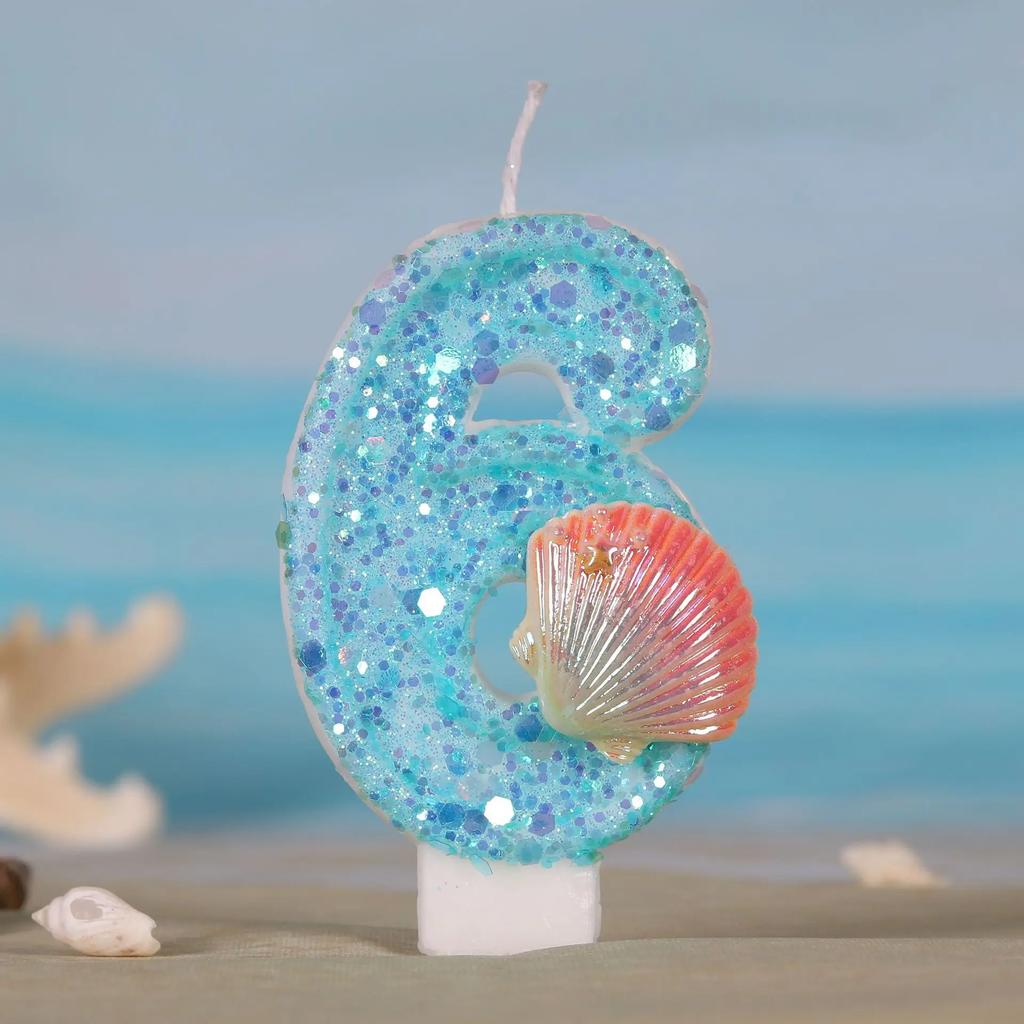 Ocean Mermaid Cake Number Candles 0-9 Blue Cake Topper with Sequins Girls Birthday Party Cake Decoration Supplies Boy Shell Gift