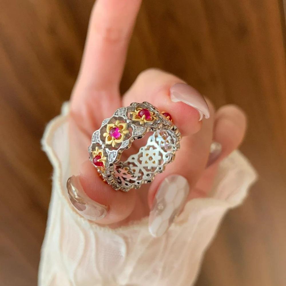 

Italian Lace Ruby Ring Chinese Baoxiang Flower Motif Red Coraline Stackable Ring for Women adjustable