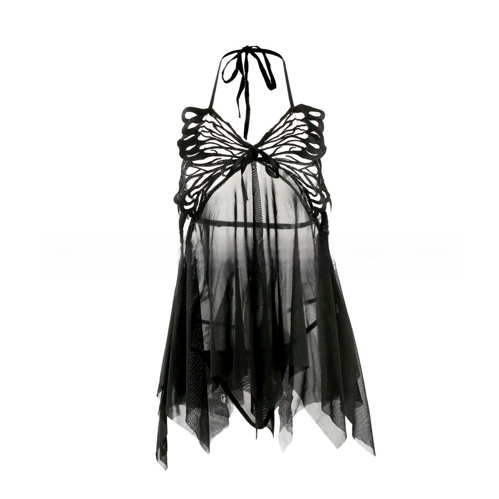 Sexy Backless Mesh Butterfly Halter Nightdress Lingerie Set