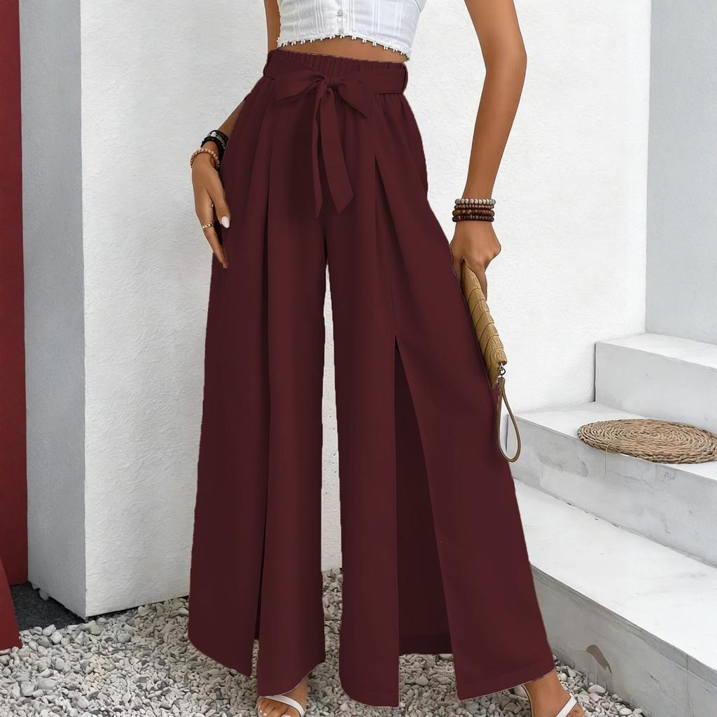 Women's -Color Casual High-Waisted Wide-Leg Trousers With Drawstring