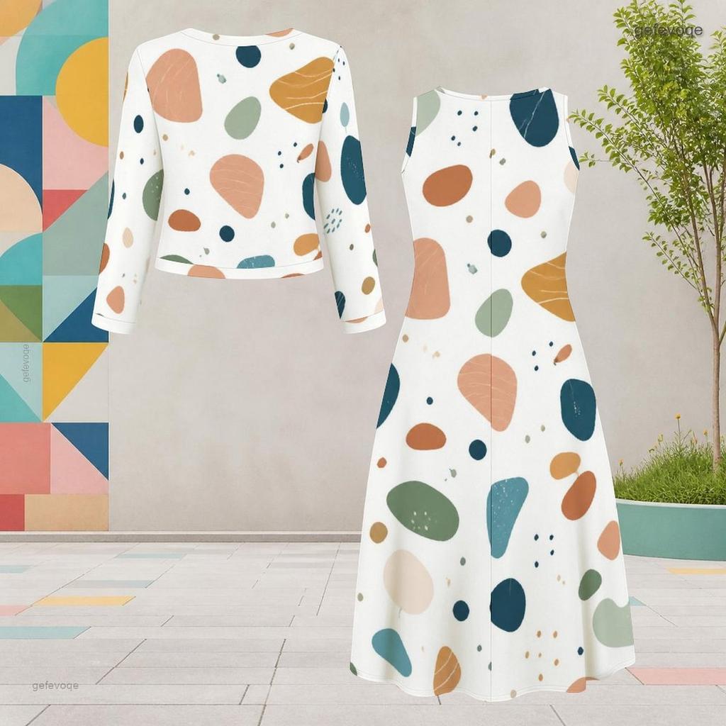 Women Plus Size Two Piece Dress Set Round Neck Long Sleeve Cropped Cardigan Sleeveless Printed White Dress