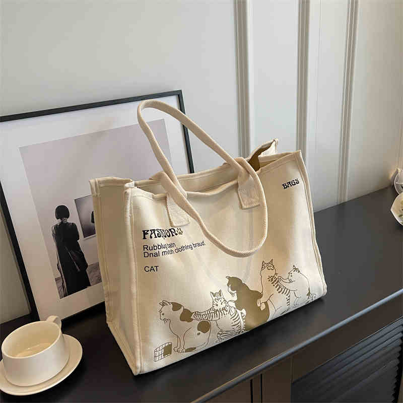 Sac Cabas en Toile Carto Cat Décontracté Simple Étudiant Voyage Sacs à Main Coréen Grande Capacité Femme Trajet Quotidien Sac à Bandoulière Unique