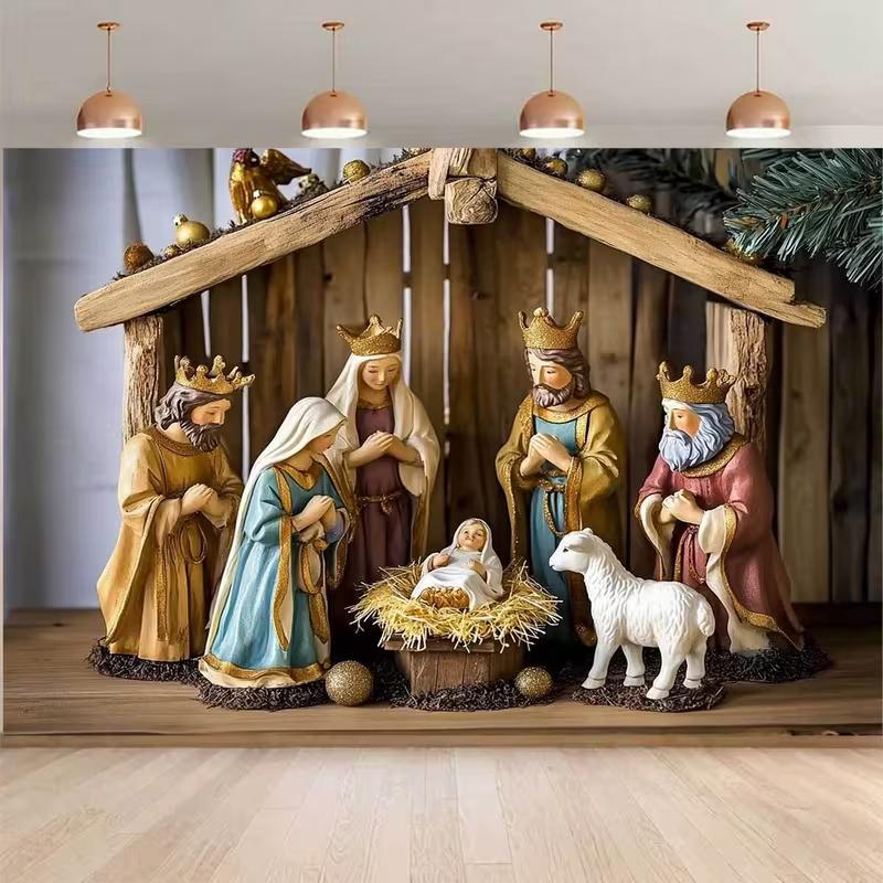 

2D Religious Christmas Backdrop Classic Nativity Figurines Studio Photography Background 47.2x31.5inch/120*80cm