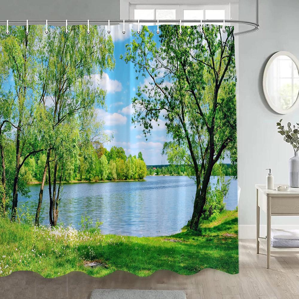 Natürliche Rustikale Landschaft Duschvorhänge See Berg Bäume Blumen Pflanze Badevorhang Für Badezimmer Dekoration Polyester Stoff Set