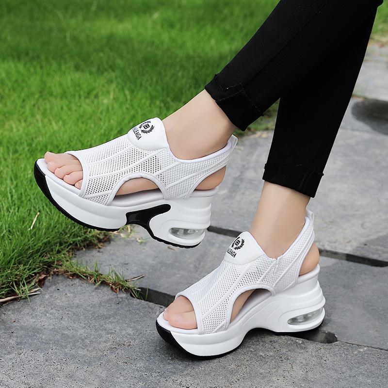 Móda Retro Černá Síťovina Sandály na platformě Korejský Peep Toe Duté klínky Zvýšit boty 8cm Léto Nové Tenisové boty s protiskluzovým vzduchovým polštářem
