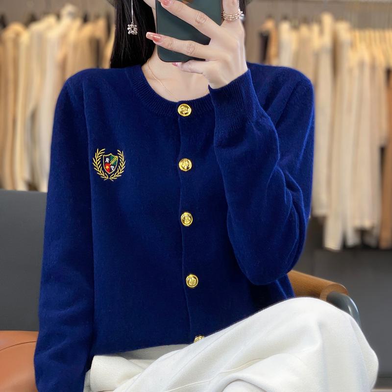 100% Wool Women's Embroidered Knit Cardigan - Spring Long Sleeve, Versatile, Thin, Solid Color