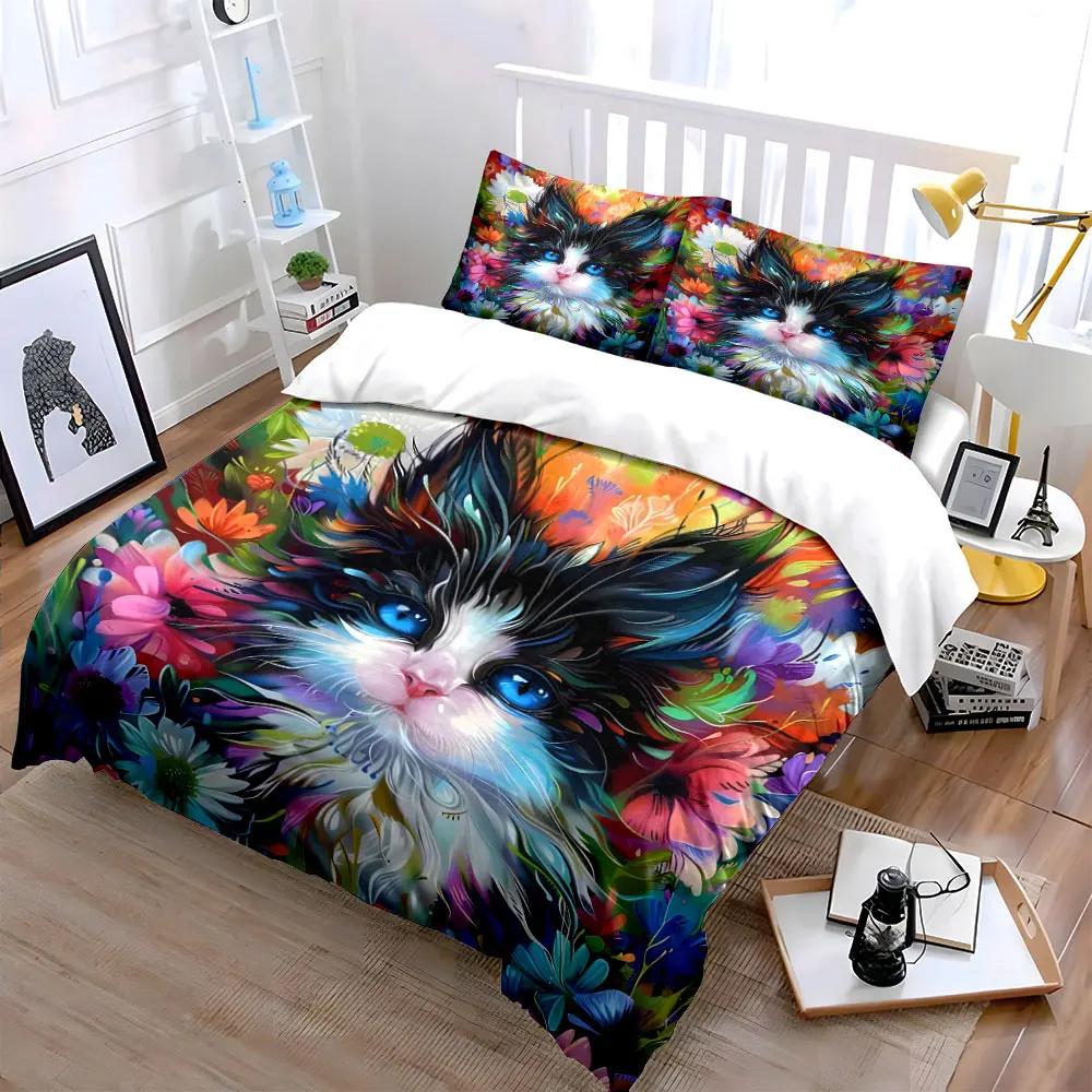 "Colorful Cat Floral Art Prints" Multiple sizes kid's and adults' bedroom Exquisite 3PC bedding set, gift
