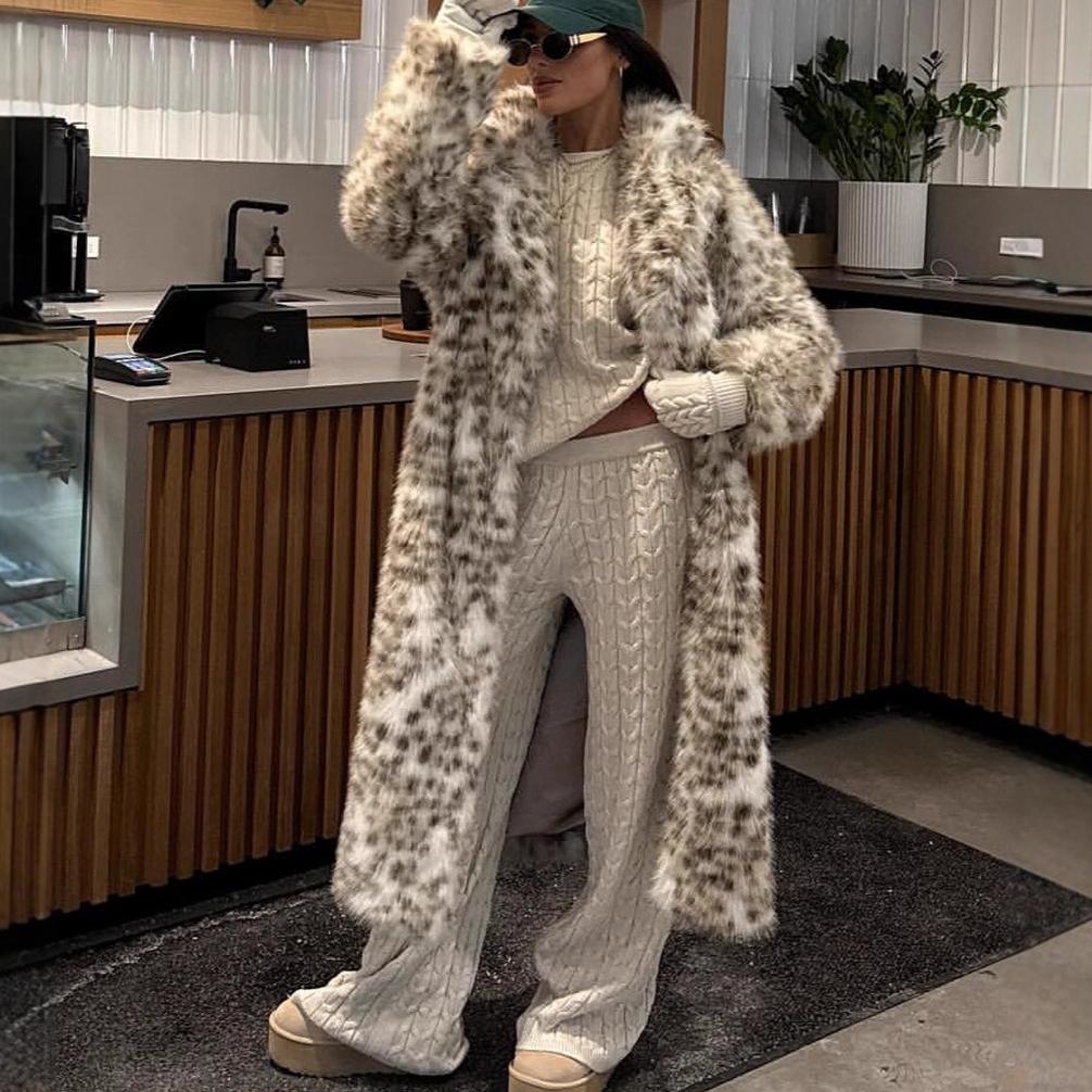 VAYLA Leopard Faux Fur Coat Women Long Overcoat Turn Down Collar Full Sleeve Open Stitch Thick Loose Elegant Jacket Autumn Winter