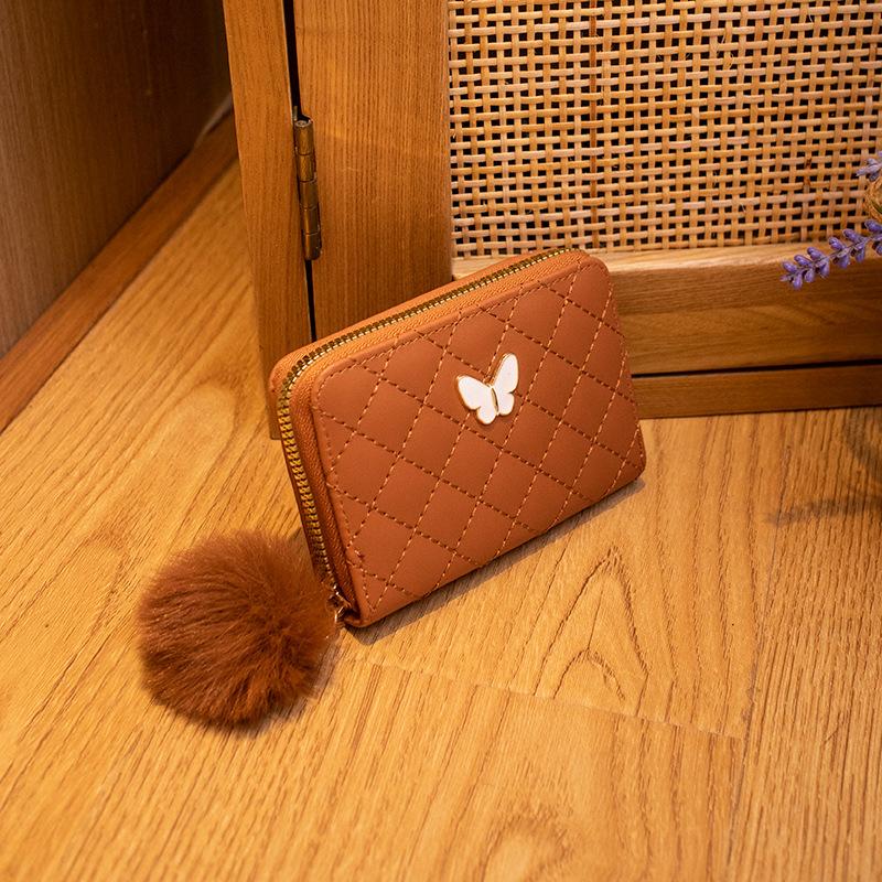

Женский кошелек, новая модная и простая сумка-клатч с помпоном, вышивка нитью в ромбовидную сетку, кошелек с этикеткой-бабочкой, одна штука. коричневый