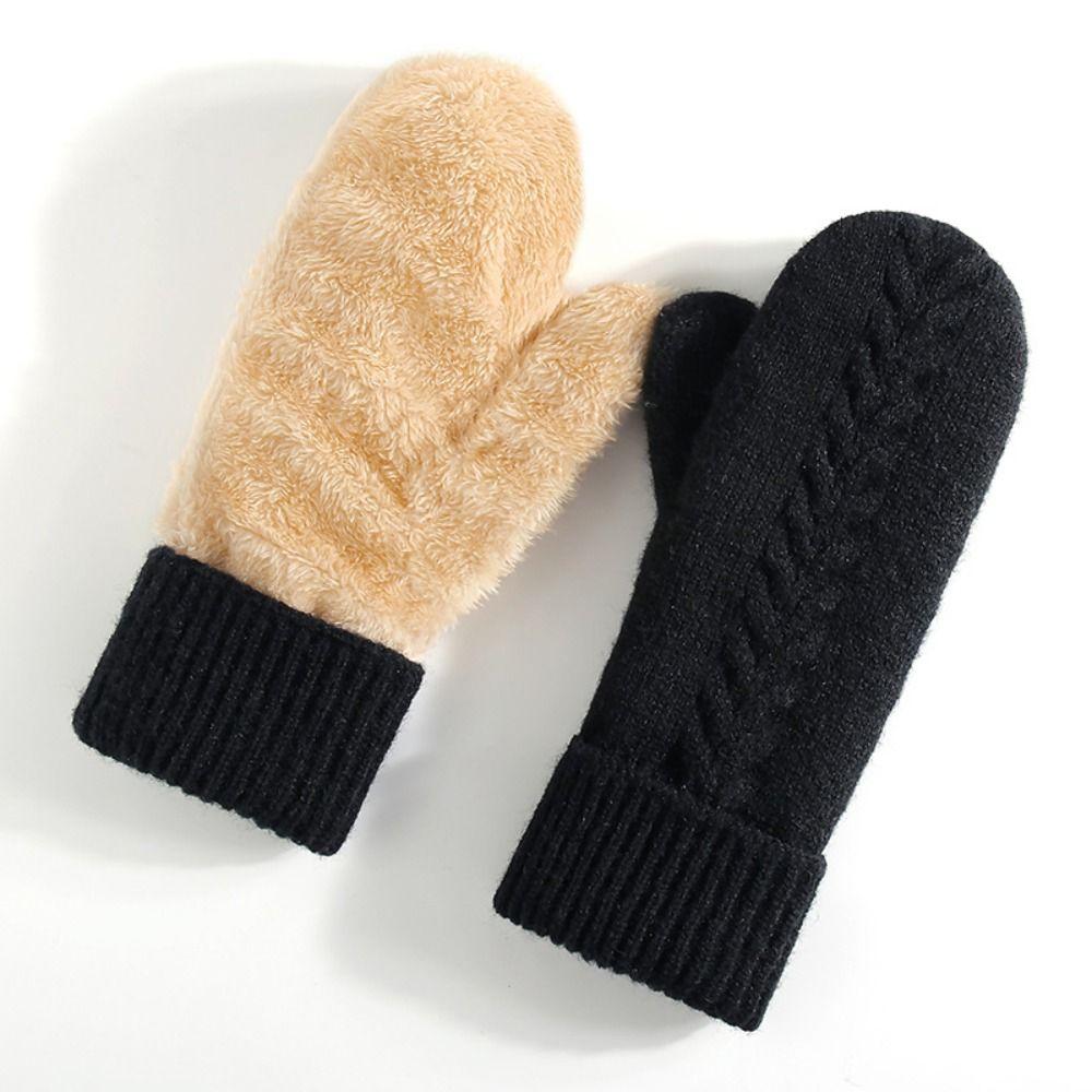 Comfort Fit Double Layer Thickened Knitted Gloves Interior Solid Color Warm Cover Gloves Soft All Fingers Gloves Cold Weather