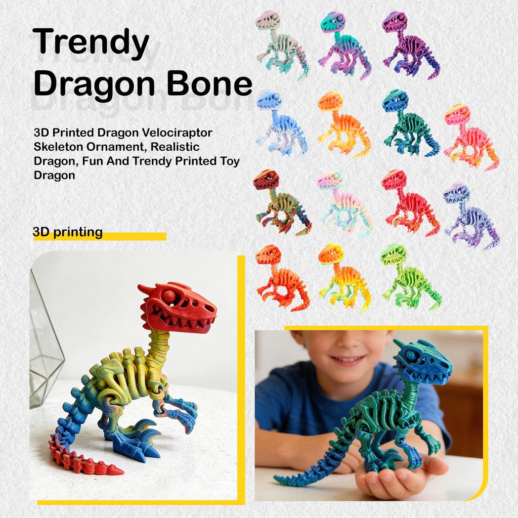 3D Printed Dragon Velociraptor Skeleton Ornament, Realistic Dragon, Fun And Trendy Printed Toy Dragon