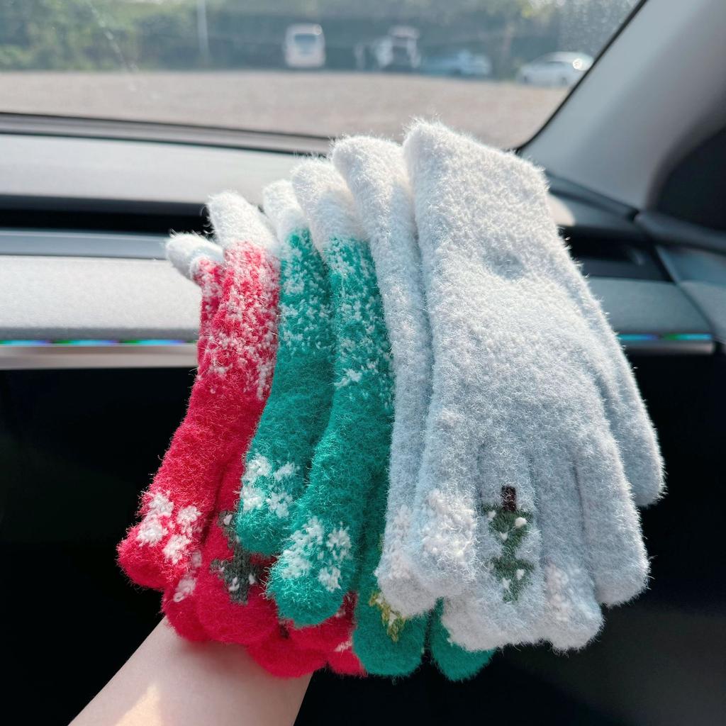 Gloves cute female Christmas dew finger winter festival touch screen thickened warm knitted plush cold and windproof cycling man