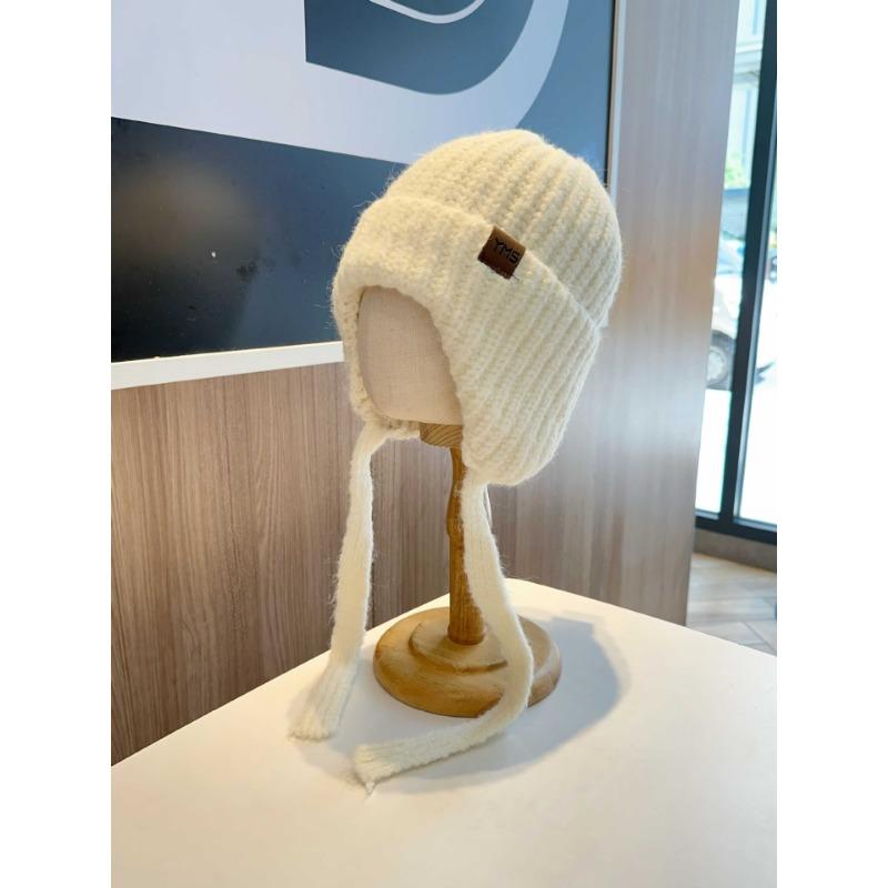 

Сладкая и милая вязаная шерстяная шапка для женщин на осень и зиму, на завязках, теплая и универсальная, подчеркивающая лицо и защищающая уши, шапка-лиф M（56-58cm）