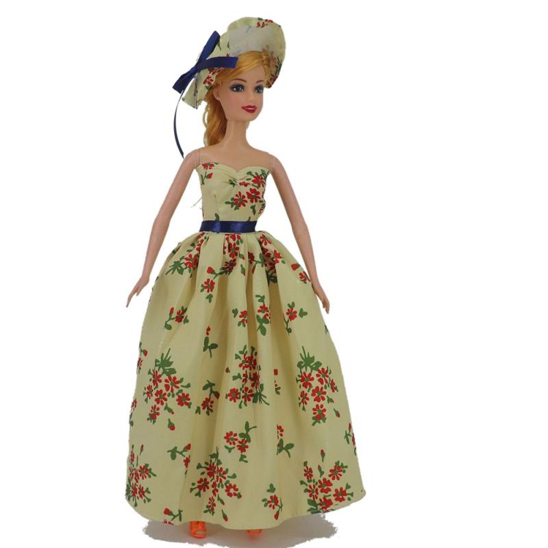 New! Doll Clothes Floral Printing Dress For 29-30cm Doll With Hat Fashion Princess Dress Up Toys For