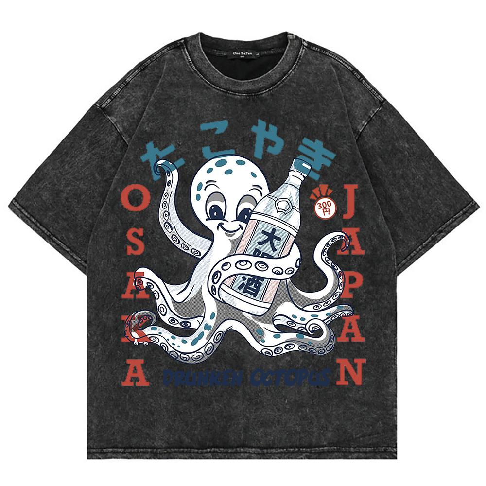 Cotton Vintage Washed Osaka Dotonbori Drunken Octopus T Shirt Hot Fashion Men Takoyaki Oversize Loose Acid Wash Tees Shirts