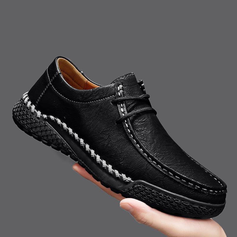 Men's Hand-Stitched Leather Casual Shoes - Four Seasons, Low-Top, Large Size, Outdoor Hiking Style