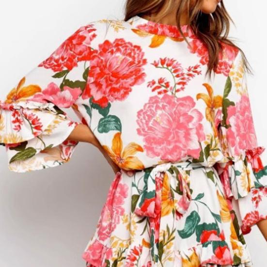 Women's Floral Print Short Dress Crew Neck 3/4 Ruffle Sleeve Swing Dress with Belt Boho Tiered Ruffle A-Line Flowy Mini Dress