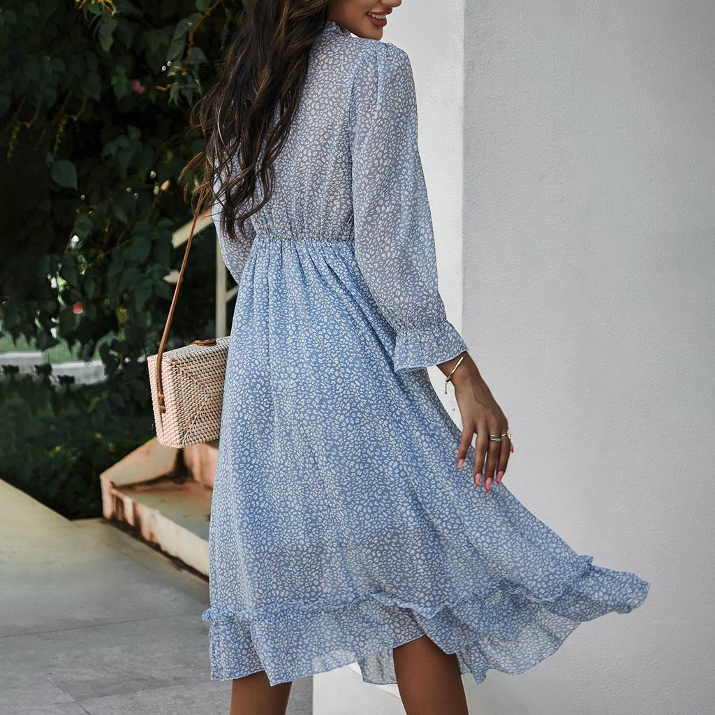 Women's Fashion Long Sleeve V-neck Skirt Pleated Knee-length Print Dress