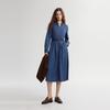 ELLE French Minimalist Tie Collar Loose Solid Color Long Dress Simple Elegant Long Sleeve Dress Women dresses Denim-Blue EL49248