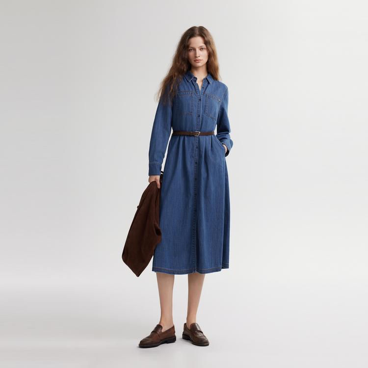 ELLE French Minimalist Tie Collar Loose Solid Color Long Dress Simple Elegant Long Sleeve Dress Women dresses Denim-Blue EL49248