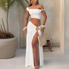 Neues modisches einfarbiges Anzugset, sexy Neckholder-Top, schulterfreies Westentop, Rock mit hohem Schlitz, zweiteiliges Set