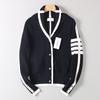 College-Style Cardigan for Men and Women, Four-Stripe Knit Sweater, Thickened for Warmth, Convertible High Collar, Long-Sleeve Sweater Jacket
