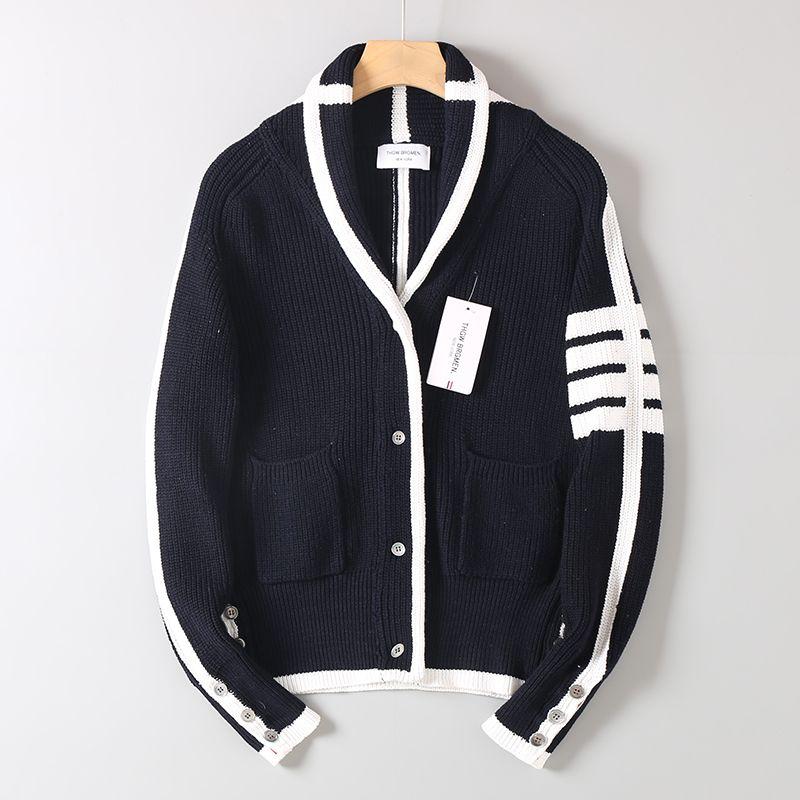 College-Style Cardigan for Men and Women, Four-Stripe Knit Sweater, Thickened for Warmth, Convertible High Collar, Long-Sleeve Sweater Jacket