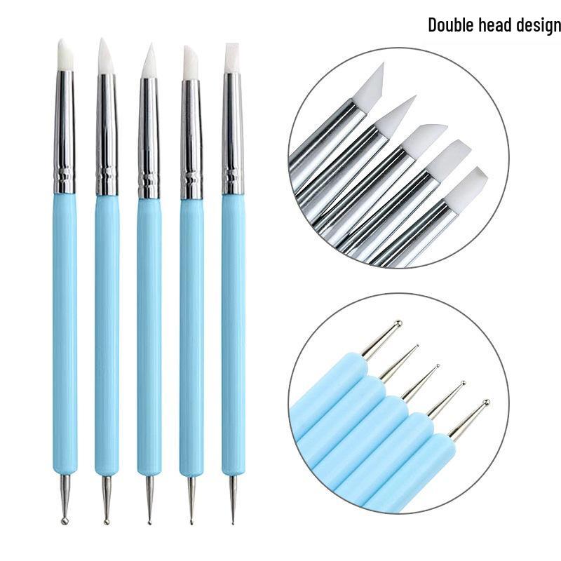 Blue Double-Ended Silicone Dotting Pen Set - 5-Piece for Nail Art, Embossing, and Clay Sculpting