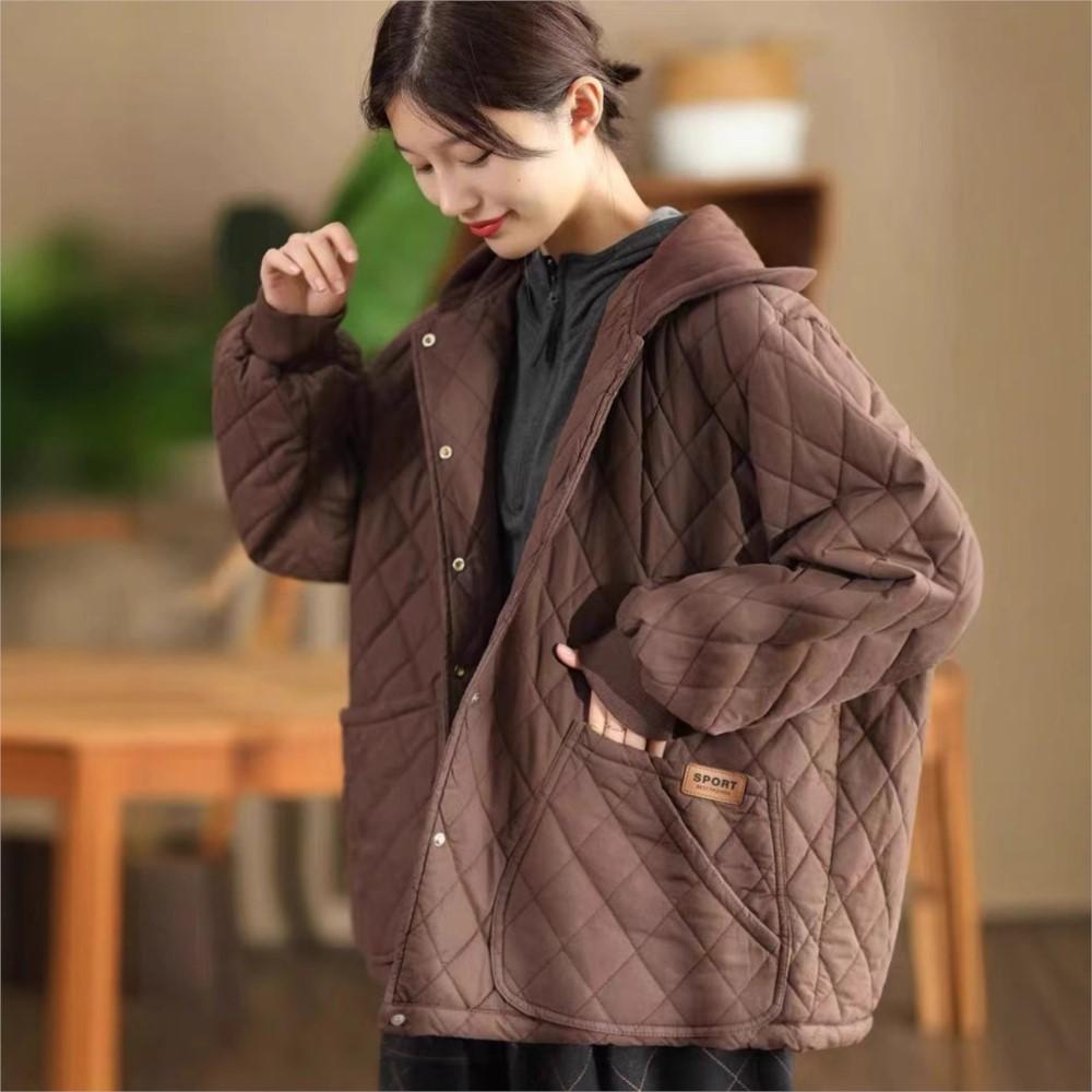 Johnature Women Vintage Hooded Button Solid Color Long Sleeve Winter Coats Casual Warm Coats