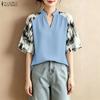 ZANZEA Women Casual V-Neck Splice 3/4 Sleeve Loose Blouse
