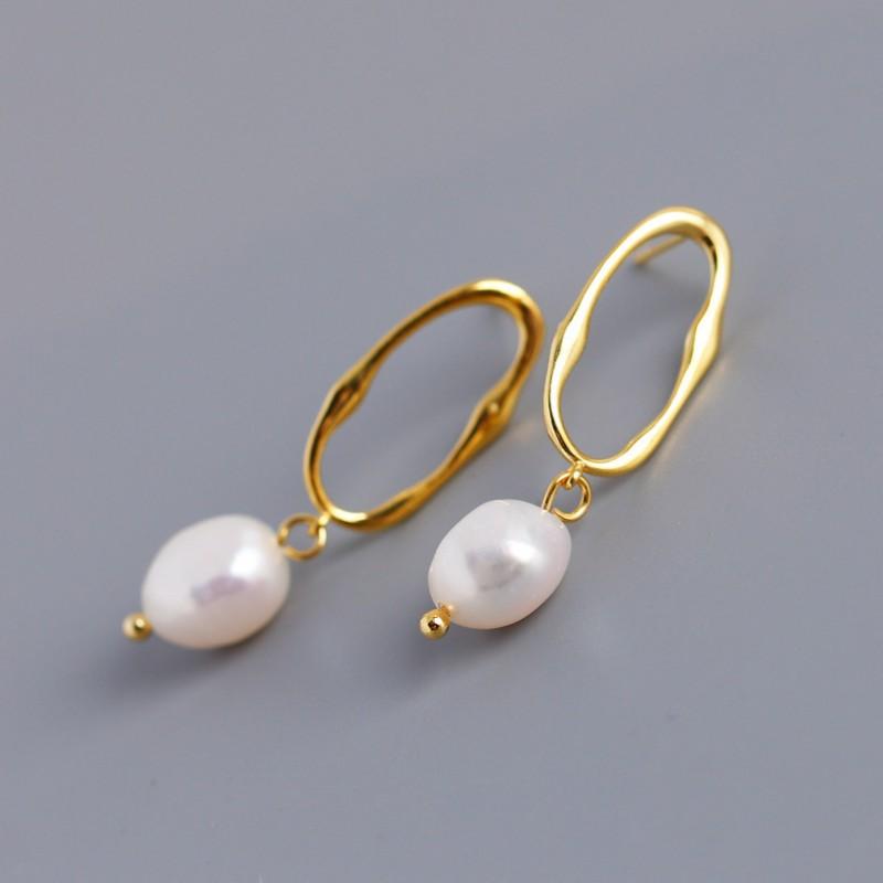 Sterling Baroque Irregular Freshwater Pearl Earrings Women Geometric Statement Jewelry Gold White 925 Sterling Silver