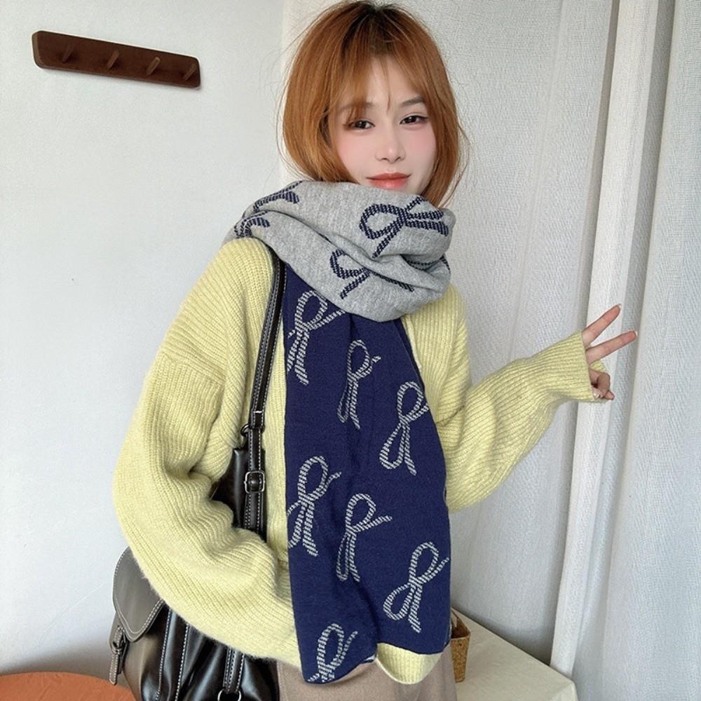 Lightweight Imitation Wool Scarf Two-sided Winter Shawl Trendy Bow Scarf Gift